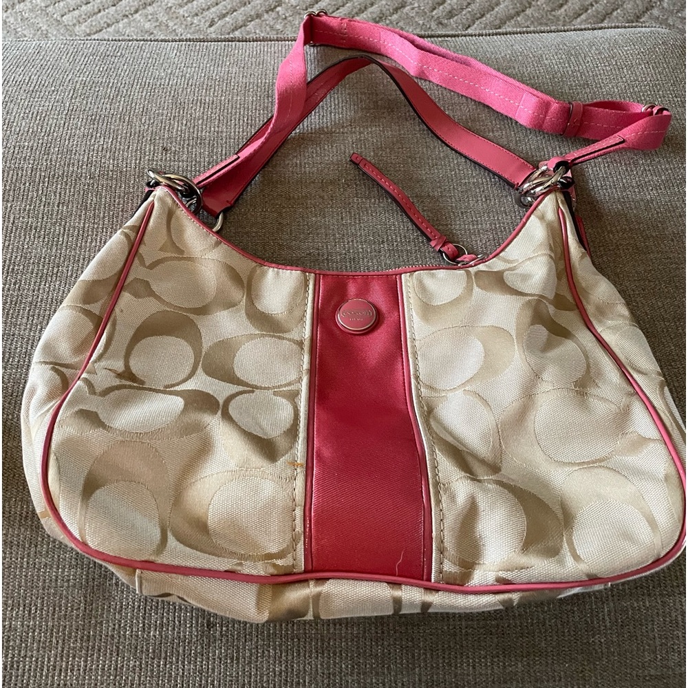 Coach tan and pink double strap bag. Excellent condition